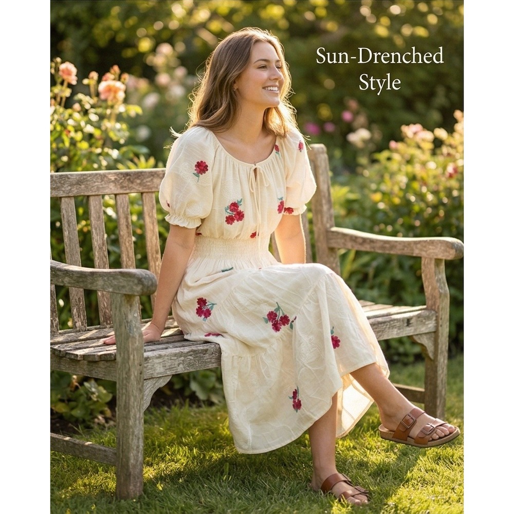 Kindred M Ivory Burgundy‎ Floral Embroidered Smocked Midi Dress Medium NWT